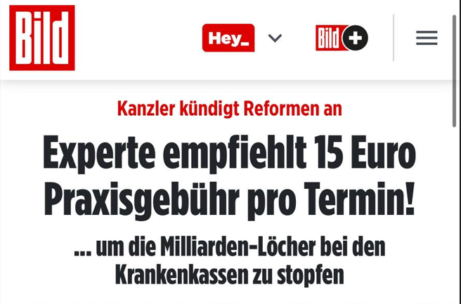 Schlagzeile der BILD Zeitung: Experte empfiehlt 15 Euro Praxisgebühr pro Termin.