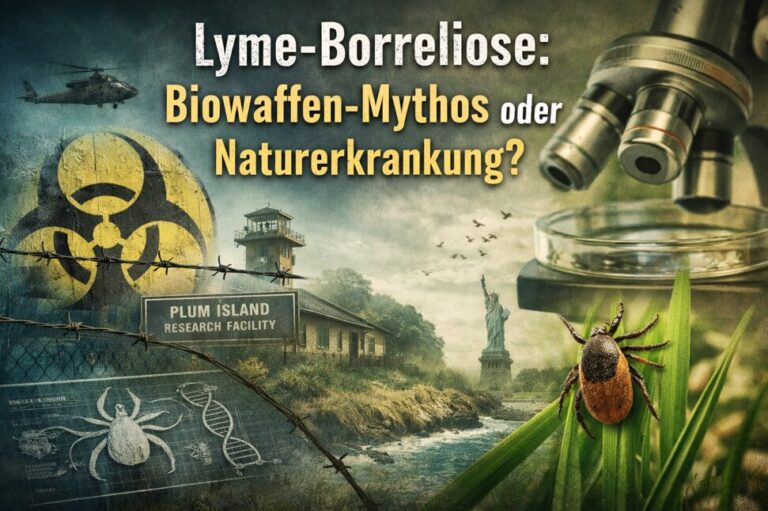 Beitragsbild zur Borreliose mit Zecke im Gras, Mikroskop und Plum-Island-Biohazard-Motiv („Biowaffen-Mythos oder Naturerkrankung?“)